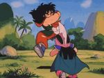 1boy 1girl 80s age_difference animated animated_gif black_hair chi-chi_(dragon_ball) chichi clenched_teeth cloud dragon_ball flower grass helmet knocked_out lowres mountain oldschool outdoors palm_tree ryona sky teeth tree violence yamcha 