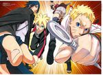  3boys absurdres ahoge bike_shorts black_hair blonde_hair blue_eyes boruto:_the_movie cape cloak father_and_daughter father_and_son fingerless_gloves glasses gloves highres jacket kishimoto_masashi kunai looking_at_viewer looking_back multiple_boys naruto necklace official_art perspective spiked_hair toeless_boots uchiha_sarada uchiha_sasuke uzumaki_boruto uzumaki_naruto weapon whiskers 