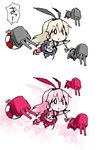  1girl afterimage anchor_hair_ornament animal_ears blonde_hair bunny_ears cannon fake_animal_ears gundam gundam_00 hair_ornament hairband kantai_collection lifebuoy long_hair midriff navel pleated_skirt rensouhou-chan sailor_collar shimakaze_(kantai_collection) skirt solo striped striped_legwear suka trans-am translated 