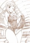  1girl amami_haruka erection futanari gekka_kaguya_(urabata) huge_penis idolmaster monochrome penis pool swimsuit wide_hips wink 