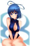  absurdres blue_eyes blue_hair breast_squeeze breasts center_opening cleavage cowboy_shot front_zipper_swimsuit hair_ornament hair_rings hair_stick highres kaku_seiga large_breasts meme_attire one-piece_swimsuit shounen_(hogehoge) simple_background solo sweatdrop swimsuit touhou v_arms white_background 