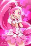  1girl 2015 :o blush bow cure_blossom dated flower hair_bow hanasaki_tsubomi hands_on_own_face heartcatch_precure! long_hair magical_girl pink pink_background pink_bow pink_eyes pink_hair pink_skirt ponytail precure signature skirt solo surprised twitter_username wrist_cuffs 
