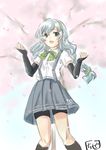  :d black_gloves black_legwear braid cherry_blossoms chize elbow_gloves eyebrows_visible_through_hair fingerless_gloves gloves green_eyes green_hairband grey_hair hair_tie hairband kantai_collection kneehighs long_hair open_mouth shirt short_sleeves silver_hair single_braid skirt smile solo standing suspenders white_shirt yamagumo_(kantai_collection) 