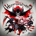  anyueh deemo deemo_(character) demon_horns demon_tail girl_(deemo) halloween hood horns masked_lady_(deemo) multiple_girls outstretched_arms red_eyes scythe spread_arms tail 