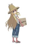  alternate_costume alternate_hair_length alternate_hairstyle amazon_(company) blonde_hair blue_eyes blush box carrying casual contemporary from_behind full_body hair_ribbon hat highres kugi_(kugi-xiv) long_hair looking_at_viewer looking_back moriya_suwako overalls pants pants_rolled_up ribbon shirt shoes simple_background smile sneakers solo touhou tress_ribbon very_long_hair white_background white_shirt 