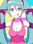  1girl blue_eyes blue_hair breasts cleavage crossover elbow_gloves gloves hatsune_miku long_hair me!me!me! meme_(me!me!me!)_(cosplay) tongue tongue_out traineralli twintails vocaloid 