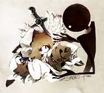  barefoot brown_eyes brown_hair commentary copyright_name deemo deemo_(character) flower girl_(deemo) holding_hands hood legs looking_at_viewer official_art punew signature song_name sword weapon 