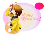  ahoge bike_shorts breasts brown_eyes brown_hair candy chocolate food gift happy_valentine haruto_(haru_re26) heart highres hood hood_down hoodie kneeling linne lollipop mouth_hold open_clothes open_hoodie seiza short_hair sitting small_breasts solo turtleneck under_night_in-birth valentine 