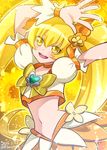  1girl 2015 arms_up blonde_hair bow brooch choker commentary_request crop_top cure_sunshine dated hair_bow heartcatch_precure! jewelry long_hair magical_girl midriff myoudouin_itsuki navel orange_bow orange_choker precure signature silver_trim skirt smile solo twintails twitter_username yellow_bow yellow_eyes 