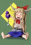  barefoot baten_(gei-vorugu) blonde_hair blush bow commentary_request drunk fang gourd hair_bow highres horns ibuki_suika long_hair ribbon solo touhou 