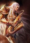  armor fooltown instrument long_hair male_focus saint_seiya saxophone silver_hair solo taurus_hasgard 