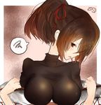  breasts brown_eyes brown_hair close-up hair_ornament hair_ribbon highres impossible_clothes ise_(kantai_collection) japanese_clothes kantai_collection large_breasts looking_at_viewer nontraditional_miko nora_(salatto) ponytail ribbon short_hair skin_tight solo spoken_squiggle squiggle undressing upper_body 