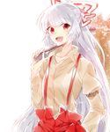  :d bangs blouse blunt_bangs bow collarbone fujiwara_no_mokou hair_bow hands_in_pockets highres long_hair long_sleeves looking_at_viewer open_mouth pants puffy_long_sleeves puffy_sleeves red_eyes red_pants ribbon six_(fnrptal1010) smile solo suspenders touhou very_long_hair white_blouse white_hair 