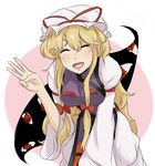  armband blonde_hair closed_eyes dress eyeball facing_viewer gap hair_ribbon hat hat_ribbon long_hair long_sleeves mob_cap okomedaisuki5 open_mouth ribbon sidelocks simple_background smile solo tabard touhou tress_ribbon two-tone_background very_long_hair white_dress wide_sleeves yakumo_yukari 