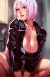  angel_(kof) blue_eyes bottomless breasts cleavage convenient_censoring cropped_jacket jacket large_breasts leather leather_jacket lips nose rejean_dubois short_hair solo squatting the_king_of_fighters white_hair 