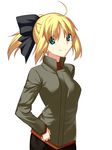  ahoge artoria_pendragon_(all) blonde_hair blush casual fate/stay_night fate_(series) green_eyes jacket long_sleeves looking_at_viewer saber skylader smile solo 