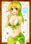  bikini blonde_hair blue_eyes blush breasts cameltoe cleavage fairy front-tie_bikini front-tie_top genderswap hat large_breasts link navel navi open_mouth pointy_ears pull sarong see-through short_hair skindentation source_request strap swimsuit takecha the_legend_of_zelda third-party_edit 