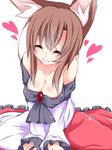  alternate_hair_length alternate_hairstyle animal_ears asn_s bare_shoulders blush breasts brooch brown_hair cleavage closed_eyes collarbone facing_viewer heart highres imaizumi_kagerou jewelry large_breasts long_sleeves short_hair simple_background smile solo touhou upper_body v_arms white_background wolf_ears 