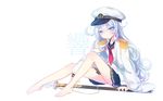  admiral_(kantai_collection) admiral_(kantai_collection)_(cosplay) barefoot blue_eyes blue_hair cosplay emia_wang epaulettes feet full_body hat hibiki_(kantai_collection) kantai_collection katana legs long_hair looking_at_viewer school_uniform serafuku simple_background sitting skirt solo sword weapon white_background 