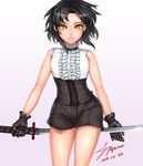  bare_shoulders black_gloves black_hair black_shorts colored_eyelashes corset cowboy_shot dated gloves highres holding holding_weapon katana lips looking_at_viewer parted_lips pov ryu_un short_hair shorts signature sita_vilosa solo sword sword_girls weapon yellow_eyes 