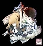  brown_hair closed_eyes commentary deemo deemo_(character) girl_(deemo) long_hair official_art paper praying punew scroll signature song_name sword very_long_hair weapon 