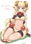  animal_ears bad_id bad_pixiv_id bell blonde_hair breasts crop_top dated elbow_gloves gloves green_eyes horns kneehighs medium_breasts midriff monster_girl_encyclopedia navel sheep_ears sheep_girl sheep_horns short_hair shorts sitting smile solo tinpam weresheep wool 