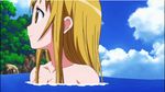  1boy 1girl animated animated_gif bikini blonde_hair bouncing_breasts breasts brown_hair cleavage large_breasts lowres maji_moji_rurumo sawashita_maaya shibaki_kouta swimsuit water yellow_eyes 