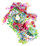  flower front_ponytail green_eyes green_hair hair_ribbon highres kagiyama_hina legomaru ribbon rose solo touhou traditional_media watercolor_(medium) 