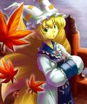  bad_id bad_pixiv_id blonde_hair green_eyes hands_in_opposite_sleeves highres leaf maple_leaf mizuno_(okn66) multiple_tails solo tail touhou yakumo_ran 