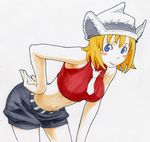  bent_over between_breasts blonde_hair blue_eyes blush_stickers breasts gorigo hand_on_hip hat highres large_breasts marker_(medium) midriff necktie patricia_thompson pose scan short_hair shorts solo soul_eater traditional_media turtleneck 