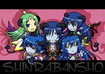  3girls alfine asmodeus_(shinrabanshou) astaroth_(shinrabanshou) beelzebub_(shinrabanshou) belial_(shinrabanshou) blue_eyes blue_hair blue_skin blush breasts cleavage crown demon_girl demon_tail earrings family fang gloves green_hair grin heart heart_earrings highres horns jacket jewelry kisaragi19 long_hair medium_breasts multiple_boys multiple_girls pointy_ears shinrabanshou smile succubus tail v wings yellow_eyes 