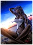  barefoot breasts cloud copyright_request crab crustacean dark_skin dutch_angle elf feet hand_on_own_head kei-r large_breasts long_hair navel night night_sky pointy_ears profile signature sitting sky solo sunset very_long_hair 
