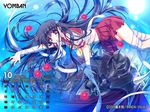  2009 armor black_hair blush calendar_(medium) flower long_hair lying mouth_hold october red_eyes ryuuga_shou school_uniform serafuku skirt solo very_long_hair wallpaper water yomban 