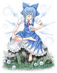  ahoge bandaid bandaid_on_leg bandaid_on_nose barefoot blue_eyes blue_hair bow cirno crossed_legs evil_grin evil_smile feet frog full_body grass grin hair_bow highres holding ice ice_wings iseki_mitsuharu looking_at_viewer puffy_short_sleeves puffy_sleeves rock short_sleeves sitting smile solo touhou wings 