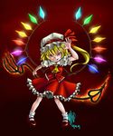  &gt;:) 2009 ascot bad_deviantart_id bad_id blonde_hair coin dated evil_grin evil_smile fire flandre_scarlet frills full_body glowing grin hat laevatein madkoifish mary_janes one_side_up ponytail rainbow_order red_background red_eyes red_skirt shoes short_hair simple_background skirt slit_pupils smile socks solo touhou v-shaped_eyebrows wings 