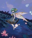  barefoot daiyousei dress fairy flower fu_(mushibun) green_hair misty_lake ribbon scarlet_devil_mansion solo touhou wings 