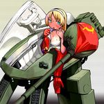  blonde_hair bra breasts hairband kuuro_kuro large_breasts lingerie mecha_musume military military_vehicle obiekt_279_(personification) original solo soviet sweat tank_turret underwear walker 