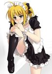  artoria_pendragon_(all) azu blonde_hair bored chin_rest choker fate/stay_night fate_(series) green_eyes leg_lift maid ponytail saber socks solo 