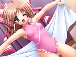  blue_eyes brown_hair dutch_angle hair_ribbon long_hair non-web_source one-piece_swimsuit one_eye_closed ribbon solo swimsuit towel 
