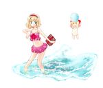  alice_margatroid bikini_skirt blonde_hair blue_hair book highres matching_shanghai navel one-piece_swimsuit shanghai_doll short_hair solo swimsuit takara_akihito touhou 