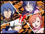  2boys 2girls all-out_attack beanie choker company_connection cut-in glasses hat headphones kamakiri kihara_atsurou komaki_midori megami_ibunroku_devil_survivor multiple_boys multiple_girls parody persona persona_4 protagonist_(devil_survivor) tanigawa_yuzu 