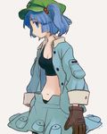  breasts crop_top gloves green_hair hair_bobbles hair_ornament iwamoto_zerogo jacket kawashiro_nitori medium_breasts midriff navel open_clothes open_jacket simple_background skirt solo tank_top touhou two_side_up 