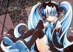  blue_hair catbell closed_eyes detached_sleeves hatsune_miku headphones legs long_hair panties ribbon skirt solo striped striped_panties thighhighs twintails underwear very_long_hair vocaloid 