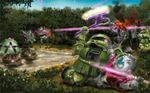  axe battle bazooka beam_rifle chibi decapitation dom energy_gun energy_sword explosion firing gm_(mobile_suit) gun gundam jungle laser mecha mobile_suit_gundam nature no_humans shield submerged sword tree wallpaper war weapon yanogon zaku zaku_ii zaku_ii_f/j zock 