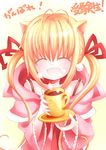  animal_ears blonde_hair cat_ears catbell closed_eyes copyright_request cup hair_ribbon long_hair oversized_clothes ribbon saucer smile solo twintails 