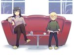  blonde_hair blue_eyes book brown_hair cigarette couch crossed_legs elizabeth_f_beurling em food glasses green_shirt long_hair multiple_girls pantyhose shirt short_hair sitting slippers sweater thighhighs ursula_hartmann world_witches_series 