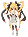  bare_shoulders blonde_hair boots bow costume flat_chest full_body gen_4_pokemon giratina hair_bow long_hair personification pokemon red_eyes simple_background smile solo standing thighhighs toudou_charo very_long_hair white_background wings 