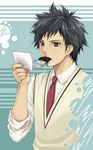  black_eyes black_hair blood chocolate chocolate_bar hitsujimura_saki male_focus minami-ke minami_natsuki mouth_hold necktie nosebleed photo_(object) school_uniform solo sweater_vest vest 