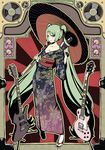  breasts cleavage green_eyes green_hair guitar hatsune_miku instrument japanese_clothes kimono long_hair medium_breasts megaphone oriental_umbrella sandals sarashi smile solo tabi terumii twintails umbrella very_long_hair vocaloid 