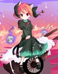  animal_ears braid cat_ears cat_tail hair_ribbon kaenbyou_rin multiple_tails red_eyes red_hair ribbon shichinose solo tail touhou twin_braids twintails wheelbarrow 